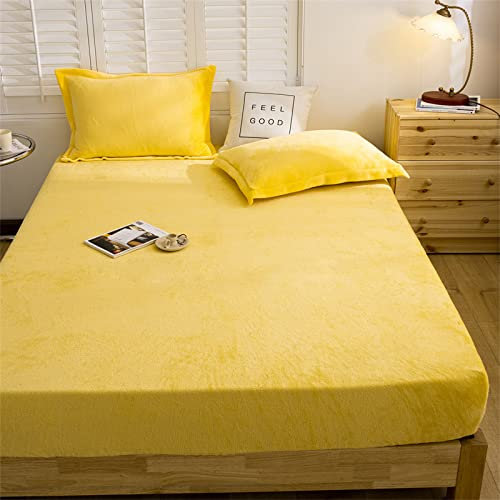 JIALIANG Flanell bettlaken Cashmere Touch spannbettlaken 180x200cm+30cm Winter extra warm Plüsch kuschelige Premium Cashmere Touch Bettlaken Fleece Betttuch Gelb