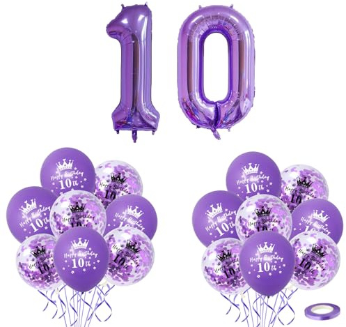 40Purple Number 10 Balloon & 16p 12 Happy 10th Birthday Balloons for Boys/Girls Birthday Decorations 10 Year Old,Foil Large Number Balloon Latex Digital Balloons for Him Her 10th Birthday Party