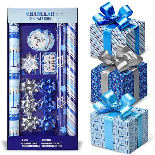 Zion Judaica Chanukkah-Geschenkpapier-Set, Chanukah-Geschenkpapier mit Geschenkschleifen und Geschenkanhängern, Verpackung, 3 Stück, 3 m