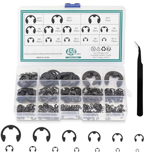 E-clips Anelli Elastici 450 Pezzi 13 Taglie 1.5mm-15mm E Tipo Anello Acciaio Carbonio Assortimento Kit per Fissaggio di Pulegge Ingranaggi di Cuscinetto