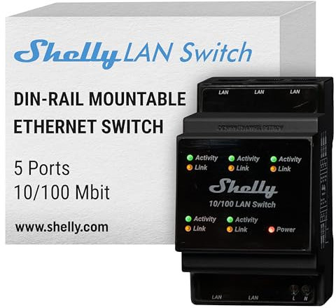 Shelly LAN Switch - Conmutador de Red Ethernet para Carril DIN (10/100 Mbps) | 5 puertos RJ45 | Alimentación de 110 V - 230 V | No necesita adaptadores adicionales