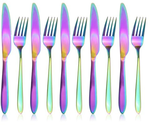 RETON 12 Stück Edelstahl Bunt Besteck Set, Messer und Gabel set, Steakbesteck Set, Essbesteck 6 Personen Spülmaschinenfest und Spiegelpoliert