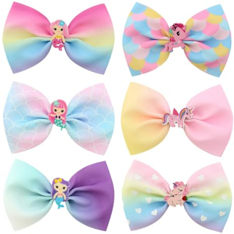 6Pcs Mermaid Unicorn Bows - Cute Polyester Ribbon Bows For Young Girls, Fantasy Theme Hair Accessories For Dance Recitals