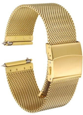 sourcing map Stainless Steel Mesh Watch Band 20mm Width 1.8mm Thick Quick Release Metal Watch Strap Adjustable Fold Clasp Replacement Bands for Men Women, Gold Tone
