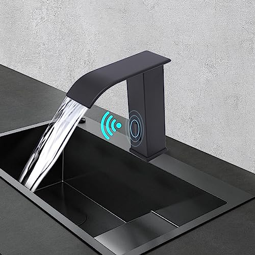 Grifo con sensor – Grifo de lavabo automático por infrarrojos de acero inoxidable, grifo mezclador sin contacto con control de temperatura de 0 – 80 °C, lavabo de mano para baño y cocina (negro)