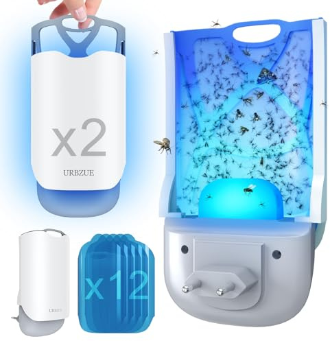 URBZUE Flugfälla, inomhus fruktflugfälla, anti-mygglampa med natt UV-ljus, myggplugg, uttags-flugfälla för fruktflugor och husflugor (2 enheter + 12 påfyllningskassager)