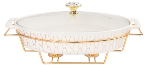 jinsongdafa Porcelain Oval Casserole Baking Dish with Glass Lid and rack, 1600 ML Serving Soup Tureen, Chafing Dish for Buffet, food preserve Tray, Catering Casserole for Party Style