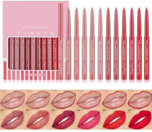 12 Farben Matte Nudetöne lipliner set, Wasserfester Lippenkonturenstift, Plump Lippenform, Nicht verblassender, Langlebiger Lipliner Stift für Frauen