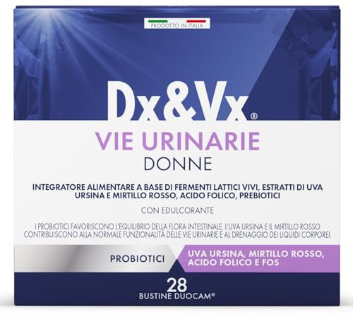 Dx&Vx Vie Urinarie Donne, Integratore per la Funzionalità delle Vie Urinarie, con Fermenti Lattici Vivi, Mirtillo Rosso, Uva Ursina e Acido Folico, Made in Italy, 28 Bustine
