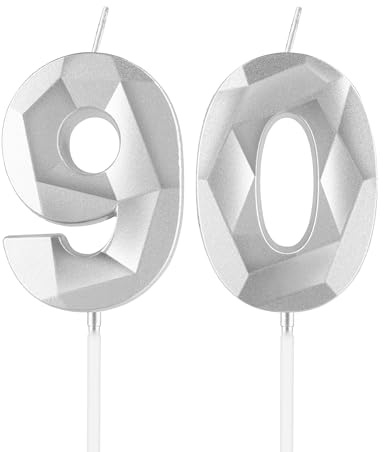 mciskin Silver 90th Birthday Candles, 90th Birthday Decorations for Women Men,3D Number 90 Candles for Cake,Silver Candle Cake Topper Decorations for Birthday Party Weddings Anniversary Supplies