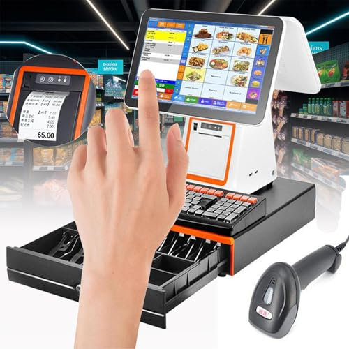 Smart Touch Kassaregister, Dubbelskärmskassaregister Allt-i-ett-maskin, med metallkassalåda, tangentbord, skanner, 58 mm termisk skrivare, justerbar vinkel för detaljhandel (White)