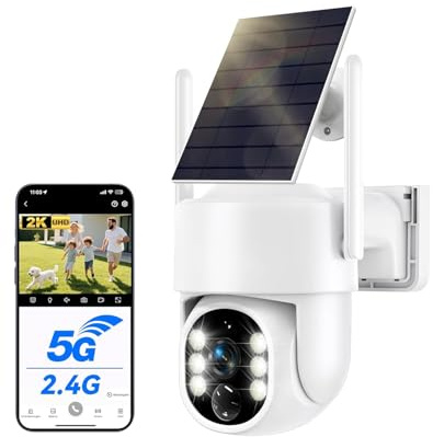 Camera Surveillance WiFi Exterieure sans Fil Solaire 2.5K 4MP avec 2.4G et 5GHz Wi-Fi, Batterie 8000mAh, Panneau Solaire 5W, 360° PTZ, IP66, Vision Nocturne Couleur, PIR Détection de Mouvement