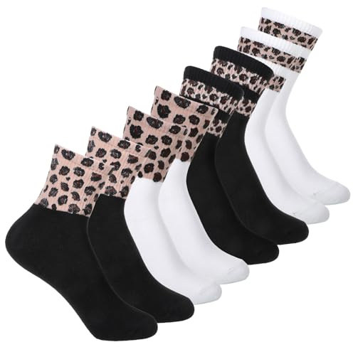 TIESOME 4 par leopardmönster strumpor, leopardmönster sportstrumpor damer leo print crewsocks tennisstrumpor randiga strumpor andningsbara avslappnade strumpor sneakers strumpor för tonårsflickor