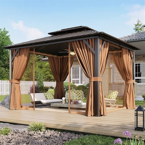 Aoxun 10’x12’ Hardtop Gazebo, Permanent Metal Pavilion with Galvanized Steel Double Roof, Outdoor Pergola with Nettings and Curtains for Lawn, Garden, Patio (Brown)