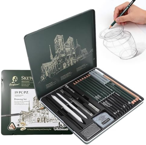 HORREX 19 stycken kolpennor för ritning set i metallfodral för skissa | Ritpennor professionellt set med skisspennor, kol, konsttillbehör och mer, blyertspennor set för nybörjare och konstnärer