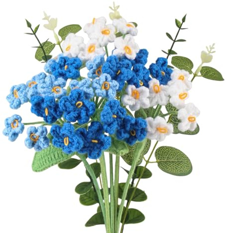 LEIMEND 11 Pezzi Fiori Uncinetto Blu e Bianco Fiori All'uncinetto Bouquet Fiori con Foglie Artificiali per la Festa Della Mamma San Valentino i Compleanni e l'arredamento D'interni