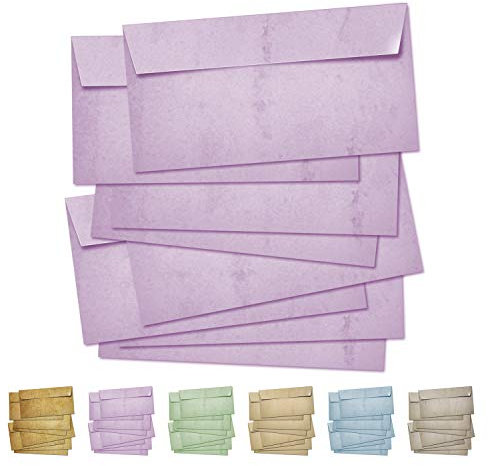 Partycards Briefumschläge ohne Fenster selbstklebend, 50 St. Bunt Lila Vintage, 100 Gr. M², 22 x 11 cm, farbige Briefumschläge, Umschlag DIN lang, Briefumschlag Kuvert Retro
