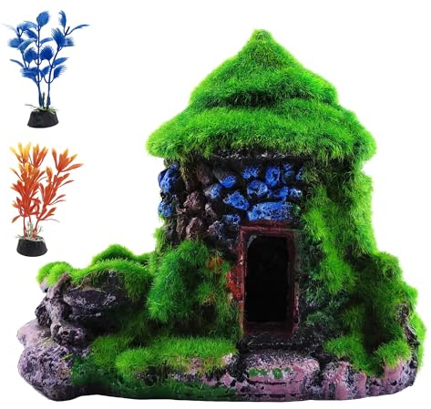 M2cbridge Aquarium Decorations Fish Hideout House Betta Cave with Green Lifelike Moss (Style 1)
