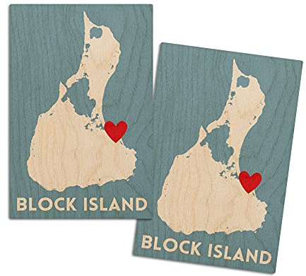 Block Island, Shape Outline and Heart (4x6 Birch Wood Postcards, 2-Pack Stationary, Rustic Home Wall Decor)
