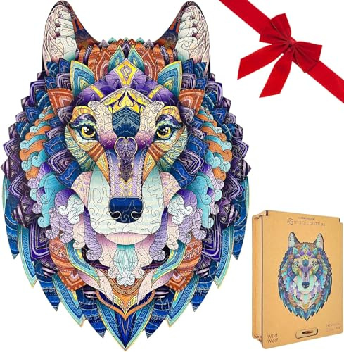Lubiwood Wild Wolf Unique Shaped Animal Wood Puzzle (42x29 cm) - Enhances Cognitive Skills & Creativity - Comes with Wood Gift Box - Perfect for Adults
