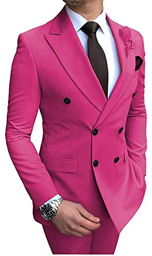 2 piezas de traje de hombre de ajuste regular, traje de doble botonadura con solapa de muesca, traje de novio, esmoquin, chaqueta y pantalones, traje de negocios, traje de boda, fucsia, 54