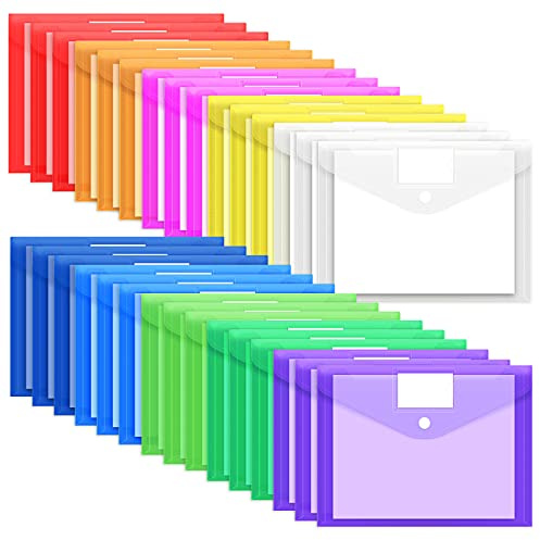 EOOUT 30 Pack 10 Color Plastic Envelopes Poly Envelopes, Hook & Loop Closure File Folders Clear Document Folders File Envelopes with Label Pocket A4 Size