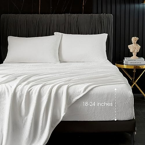 HYPREST Flannel Sheets King, Deep Pocket King SheetsUp to 24 Inches,250 GSM Velvet Plush Fleece Warm No Slip Bed Sheet Sets White