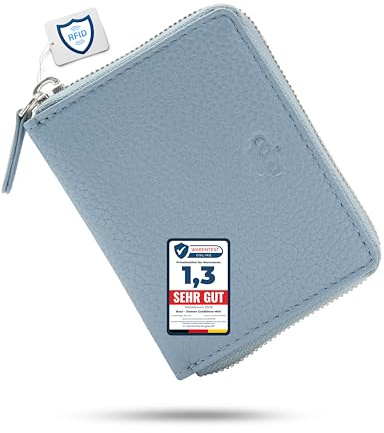 Baur portafoglio da donna piccolo – vera pelle con protezione RFID – portafoglio compatto con 6 scomparti per carte e cerniera a giro (Cerniera argento, Blu colomba)