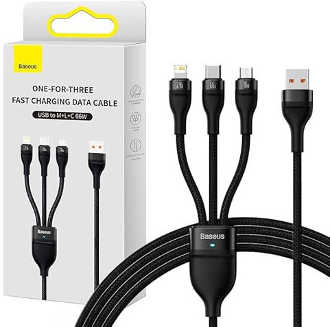 Baseus Câble USB 3en1 Flash II, USB-C/Micro USB/Lightning, 66W, 1.2m - Noir