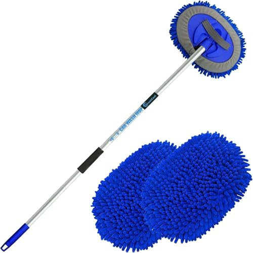 GreatCool 160cm Spazzola di Pulizia per Lavaggio Auto con Manico Lungo, 2 in 1 Microfibra Blu Spazzolone per Autolavaggio Guanto Kit per Auto Camper Camion SUV(2 x Teste per Mocio)