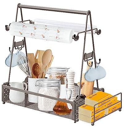 Picnic Grill Caddy, Picnic Condiment Storage Caddy with Paper Towel Holder, Outdoor Kitchen Barbecue Accessories, BBQ Camping Caddy for Plate and Utensil (Silver)