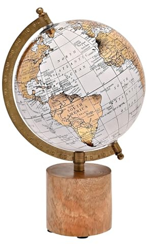 Widdop and Co Harvey Makin White Gold World Globe with Wooden Stand - 29cm x 17cm x 49cm - Use in Office, Desk, Home Décor, Gift - Vintage Style - Gift for Him, Dad
