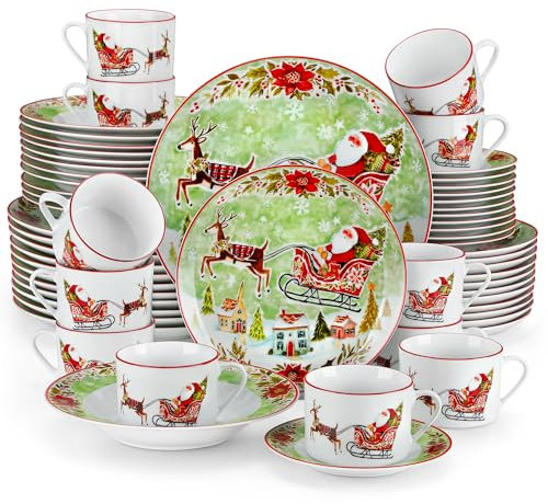 VEWEET Servizio da Tavola Natalizio per 12 Persone in Porcellana, Set Completo 60 Pezzi con Piatti Piani, Piatti da Dessert, Piatti Fondi, Tazze e Piattini, Motivo Verde di Natale, Serie XMAS