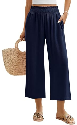 Niwicee Pantalon Fluide Femme D'Été Lin Pantalon Élastique à Taille Haute 7/8 Pantalon Coton Solide Couleur Pants Ample Casual Décontracté avec Poches (Bleu Marine, XL)