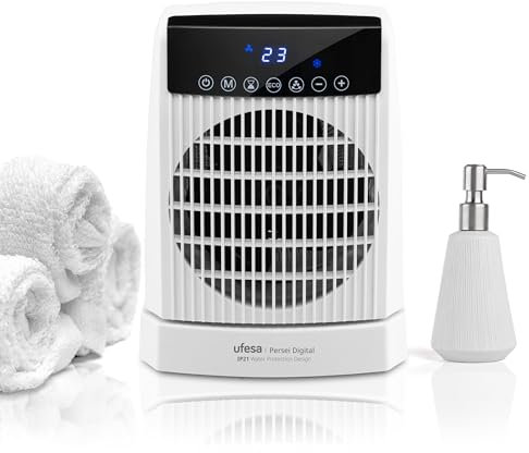 Ufesa Persei Chauffage de salle de bain 2000 W, protection IP21, 3 niveaux puissance chaud/froid, base oscillante, écran LED, thermostat réglable, minuterie 24h et protection contre la surchauffe