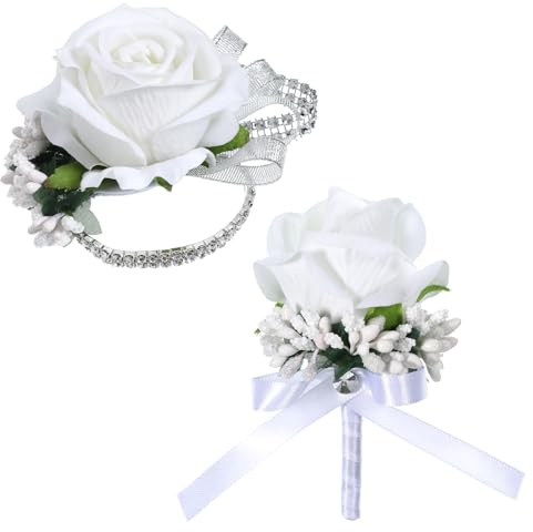 Lusofie White Rose Corsage & Boutonniere Set – 2 Pcs Wedding Flower Set with Rhinestone Wristlet Band, Prom Wrist Corsage for Bride, Bridesmaid, Mother of the Bride, Homecoming & Formal Events