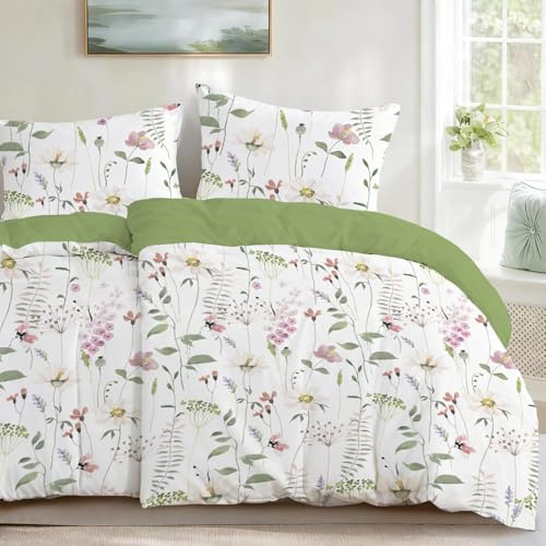 HOMHOMHA Bettwäsche-Set 135 x 200 cm, 4-teilig, grün mit Blumenmuster, 2 Bettbezüge 135 x 200 cm + 2 Kissenbezüge 80 x 80 cm, Bettwäsche-Set aus Polyester-Mikrofaser mit Reißverschluss