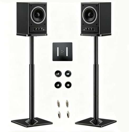 Supports d'enceintes, Lot de 2 Supports de Sol universels pour Enceintes Surround, Hauteur réglable de 72 à 120 cm, capacité de Charge de 25 kg chacun, système de Rangement des câbles, antidérapants