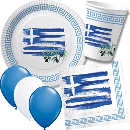 DH-Konzept/CARPETA 52-TLG. Party-Set * GRIECHENLAND * mit Pappteller + Servietten + Pappbecher + Luftballons für Kindergeburtstag // Teller Becher Servietten Party Geschirr Deko Geburtstag Mottoparty