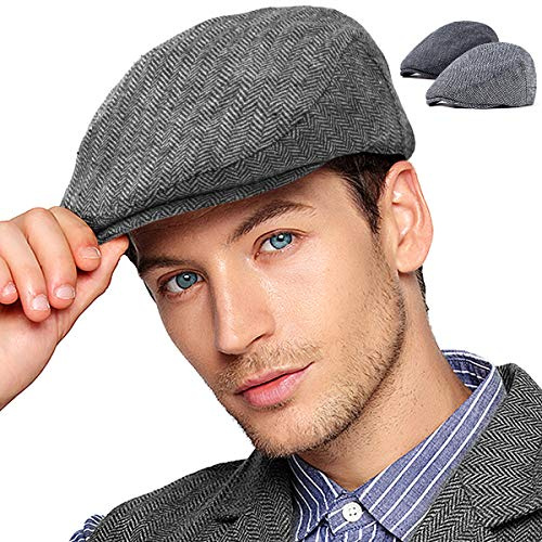 LADYBRO 2Pack Adjustable Newsboy Hats for Men Flat Cap Wool Blend (Black+Grey, L/XL, 7 5/8)