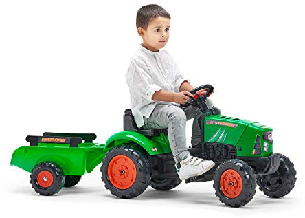 Falk - Tractor de Pedales sobrealimentador con Remolque - A Partir de 2 años - Fabricado en Francia - Capó abatible - Volante direccional con bocina - 2031AB