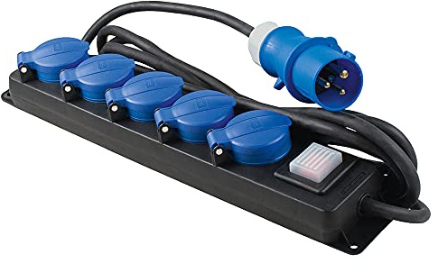 as - Schwabe 5-fach Verteilersteckdosenleiste mit Schalter - CEE Stecker 3-polig - 5x Schutzkontaktsteckdosen mit Klappdeckeln - 4,5 m Leitung - Mehrfachsteckdose für Camping - 230V, 16A - IP44, 38619