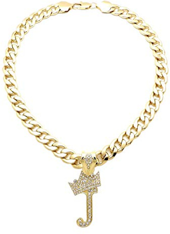 iJewelry2 Kings and Queens Crowned Letter J Crystals Pendant Gold-Tone Cuban Linked Chain Initial Necklace