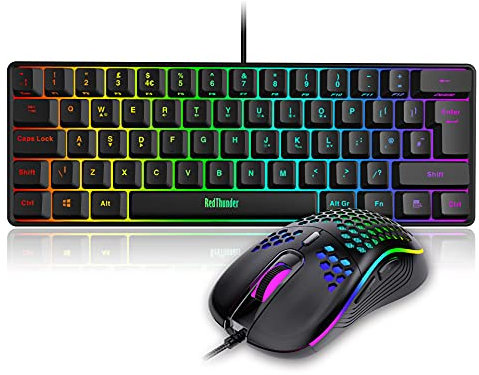 RedThunder 60% RGB Gaming Keyboard and Mouse Combo, UK Layout Ultra Compact Backlit Mini Keyboard, Lightweight 7200 DPI Cellular Optical Mouse, Portable Wired Gaming Set for PC PS5 Xbox Gamers (Black)