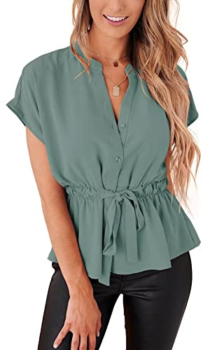 Womens Button Down Blouses Casual Peplum Summer Tops Dressy Chiffon Work Blouse Turquoise