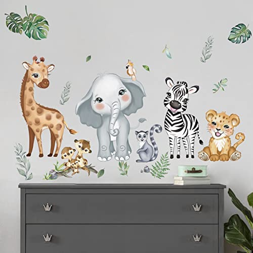 decalmile Wandsticker Tiere Dschungel Wandtattoo Safari Tiere Elefant Giraffe Leopard Tropische Blätter Wandaufkleber Kinderzimmer Babyzimmer Schlafzimmer Wanddeko