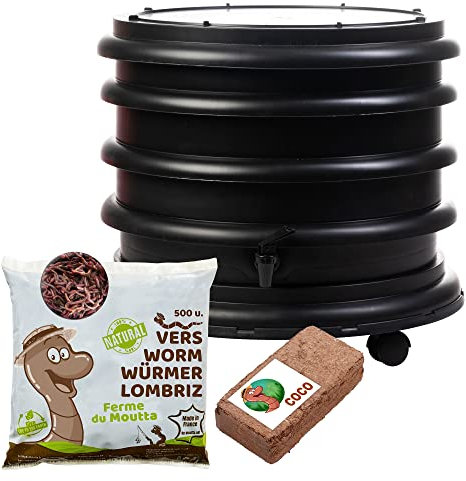 WORMbox | Wurmkomposter Wurmfarm Wurmkiste mit 2 Schalen Schwarz + 250g Kompostwürmer / 500 STK + 1 Coco | 32 Liter | Regenwurmkomposter, Kompostwürmer produzieren Wurmhumus