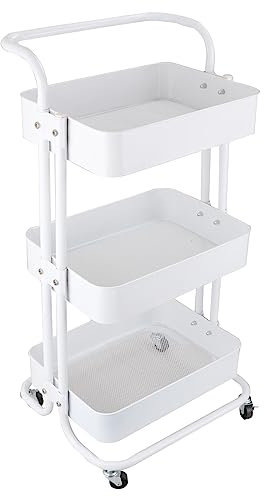 ASelected Metal Storage Trolley, 3 Tier Storage Trolley on Wheels, Lockable Wheels Kitchen Trolley, White Rolling Utility Cart with Handle for Bathroom Kitchen Living Room Office