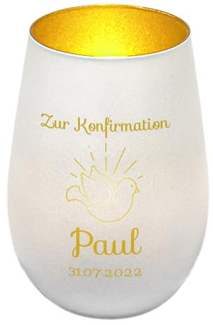 Windlicht mit Gravur zur Konfirmation | Weiß/Gold | Motiv Taube | Geschenk zur Konfirmation Junge Mädchen | Tischdeko und Konfirmationsgeschenk personalisiert | Teelichtglas