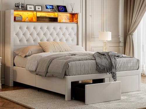 CIKUNASI Upholstered Queen Size Bed With Headboard and Storage, 60 Tall With 2 Drawers, Tufted Wingback LED Light, Charging Station, No Box Spring Needed